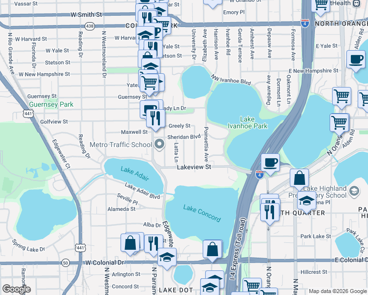 map of restaurants, bars, coffee shops, grocery stores, and more near 1206 Edwards Lane in Orlando
