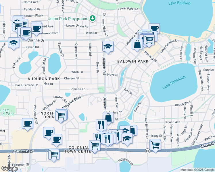 map of restaurants, bars, coffee shops, grocery stores, and more near 4255 New Broad Street in Orlando
