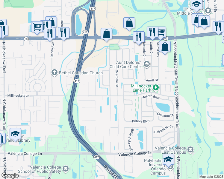 map of restaurants, bars, coffee shops, grocery stores, and more near 1109 Constantine Street in Orlando
