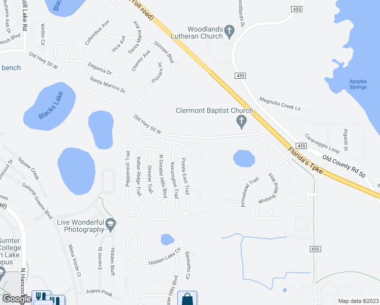 map of restaurants, bars, coffee shops, grocery stores, and more near 15809 Watermill Court in Clermont