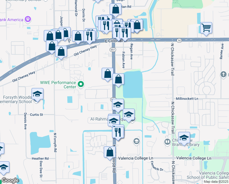 map of restaurants, bars, coffee shops, grocery stores, and more near Florida 551 in Azalea Park
