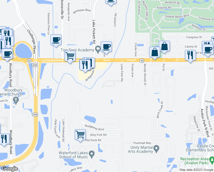 map of restaurants, bars, coffee shops, grocery stores, and more near 14037 Lonecreek Avenue in Orlando