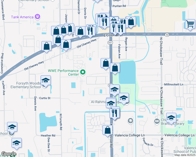 map of restaurants, bars, coffee shops, grocery stores, and more near 1201 Club Goldenrod Lane in Orlando