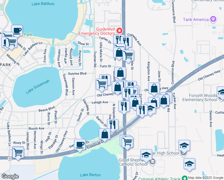 map of restaurants, bars, coffee shops, grocery stores, and more near 1205 Moselle Avenue in Orlando