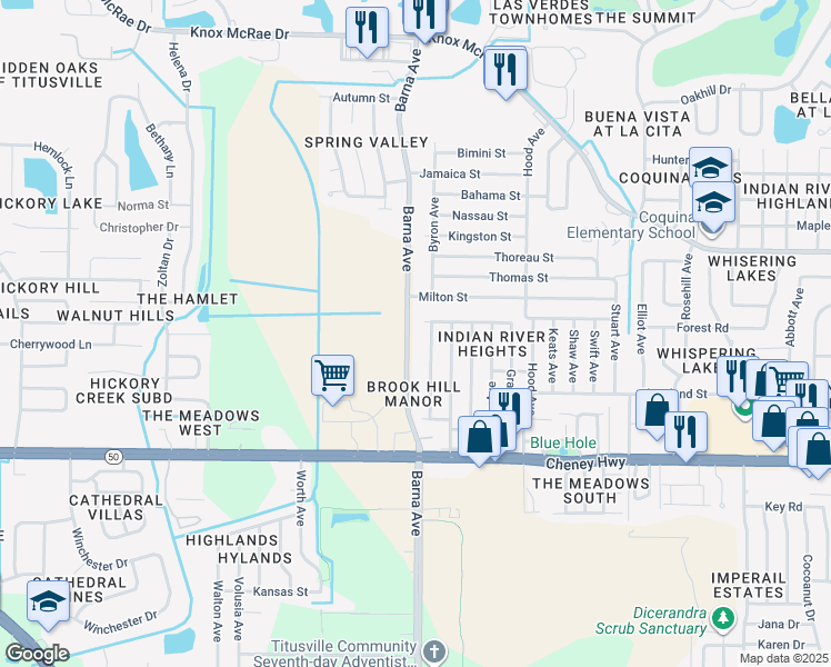 map of restaurants, bars, coffee shops, grocery stores, and more near 4437 Barna Avenue in Titusville
