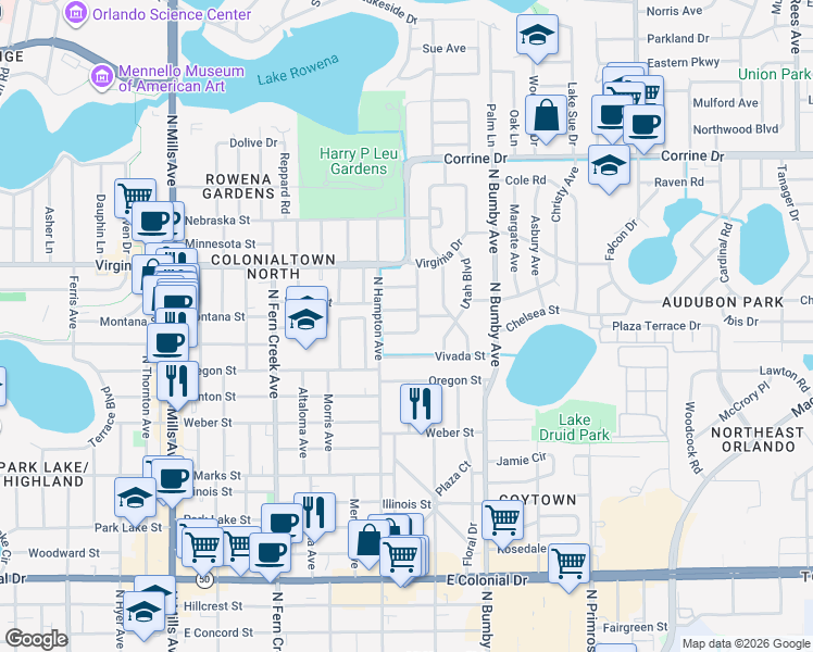 map of restaurants, bars, coffee shops, grocery stores, and more near 2020 Gale Street in Orlando