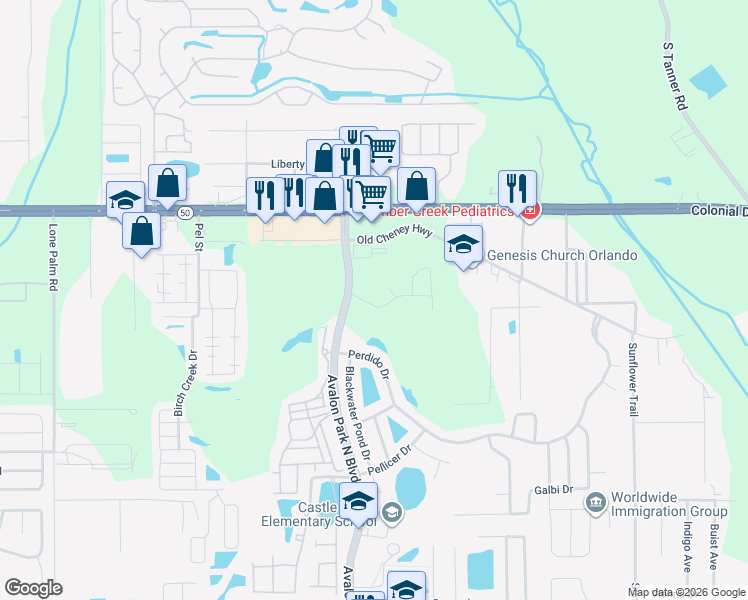 map of restaurants, bars, coffee shops, grocery stores, and more near 14827 Faberge Drive in Orlando