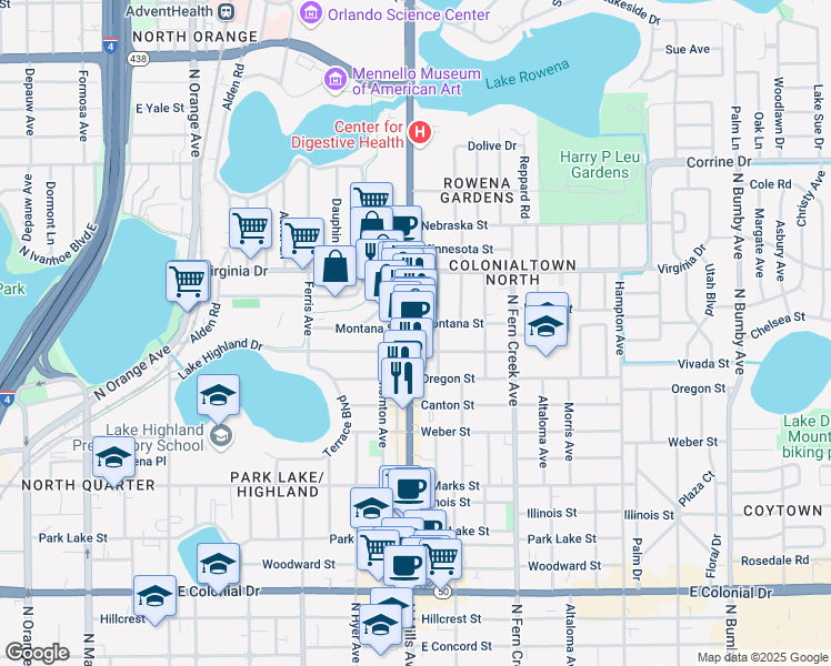 map of restaurants, bars, coffee shops, grocery stores, and more near 1221 North Mills Avenue in Orlando