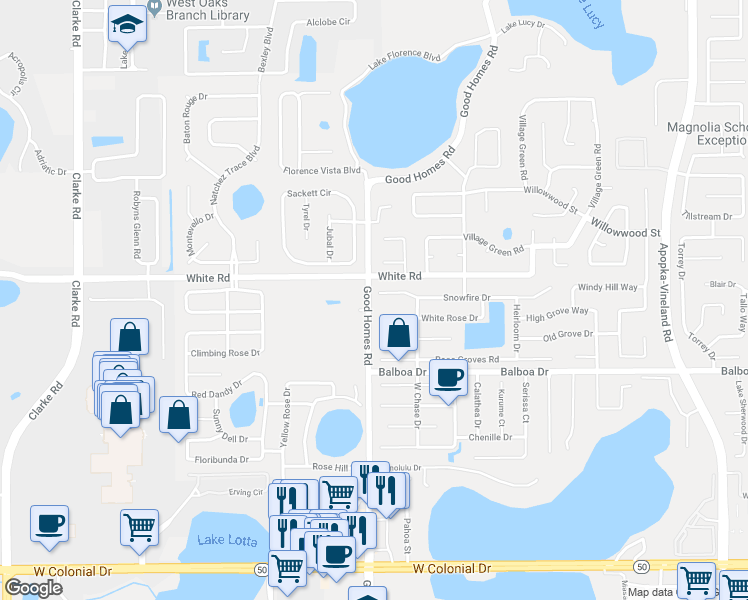 map of restaurants, bars, coffee shops, grocery stores, and more near 8644 Snowfire Drive in Orlando
