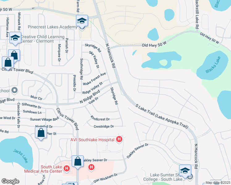 map of restaurants, bars, coffee shops, grocery stores, and more near 800 Skyridge Road in Clermont