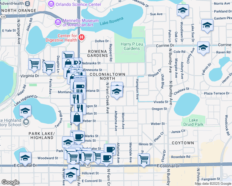 map of restaurants, bars, coffee shops, grocery stores, and more near 1215 North Fern Creek Avenue in Orlando