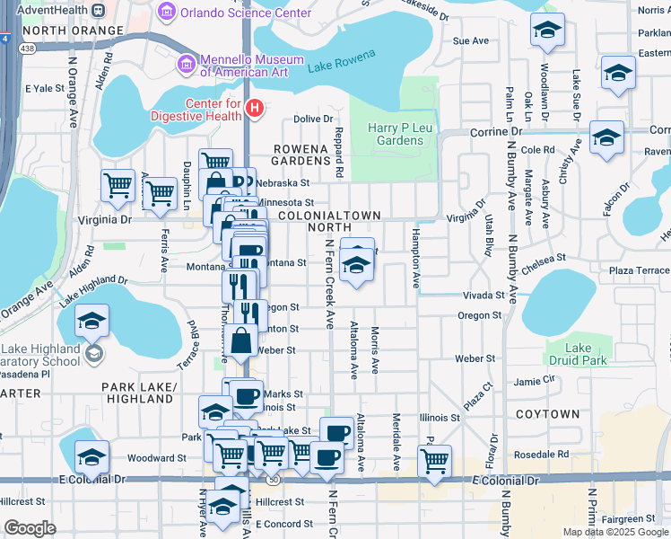 map of restaurants, bars, coffee shops, grocery stores, and more near 1215 North Fern Creek Avenue in Orlando