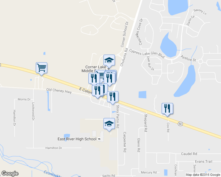 map of restaurants, bars, coffee shops, grocery stores, and more near 1401 West County Road 419 in Orlando