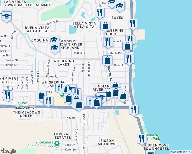 map of restaurants, bars, coffee shops, grocery stores, and more near 4405 Ellis Circle in Titusville