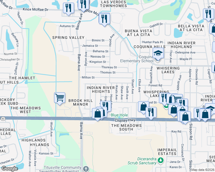 map of restaurants, bars, coffee shops, grocery stores, and more near 4435 Gray Avenue in Titusville