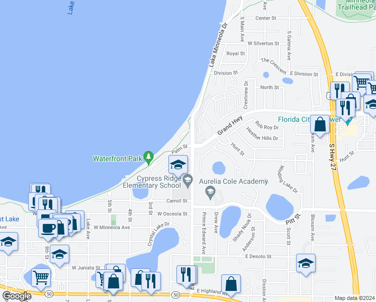 map of restaurants, bars, coffee shops, grocery stores, and more near 126 Orange Avenue in Clermont