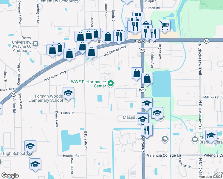 map of restaurants, bars, coffee shops, grocery stores, and more near 5055 Forsyth Commerce Road in Orlando