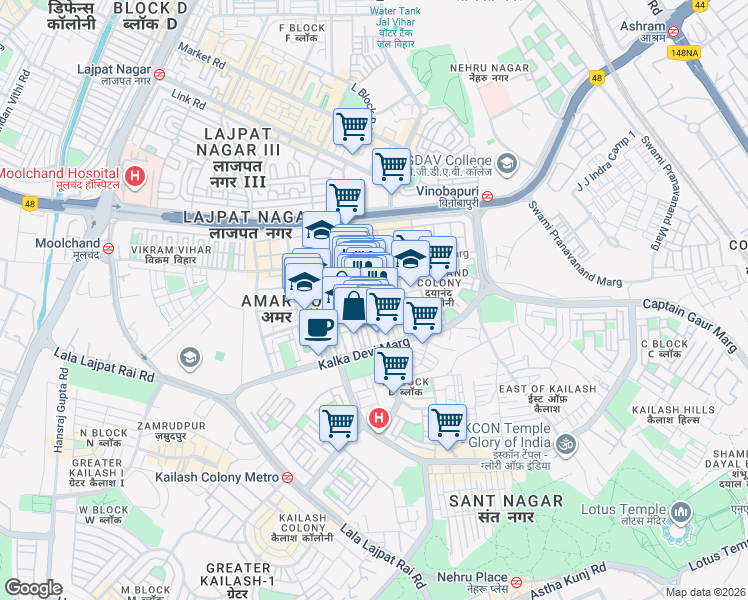 map of restaurants, bars, coffee shops, grocery stores, and more near in New Delhi