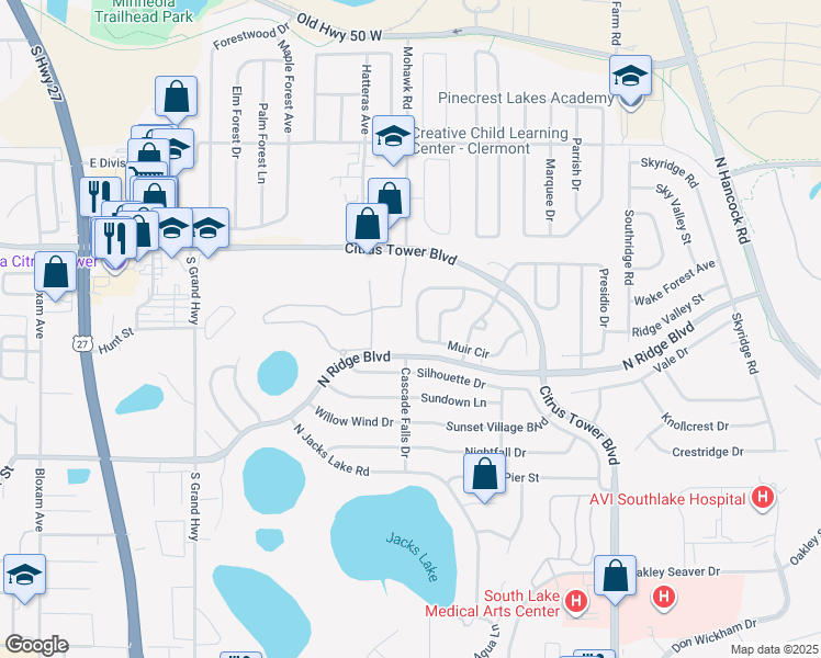 map of restaurants, bars, coffee shops, grocery stores, and more near 1480 Muir Circle in Clermont