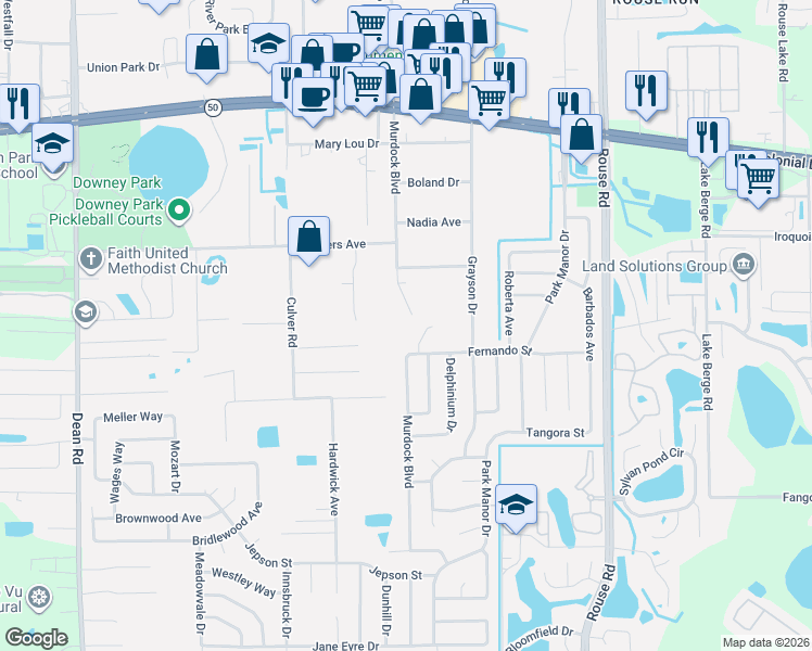 map of restaurants, bars, coffee shops, grocery stores, and more near 10482 Coconut Grove Lane in Orlando