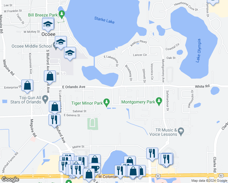 map of restaurants, bars, coffee shops, grocery stores, and more near 804 Sleepy Harbour Drive in Ocoee