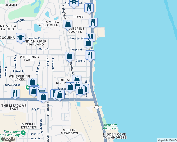 map of restaurants, bars, coffee shops, grocery stores, and more near 4360 South Washington Avenue in Titusville