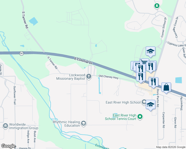 map of restaurants, bars, coffee shops, grocery stores, and more near 16336 Old Cheney Highway in Orlando