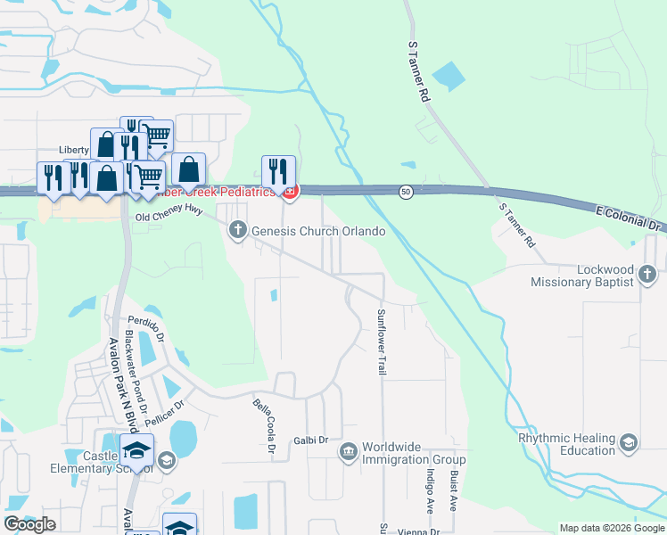 map of restaurants, bars, coffee shops, grocery stores, and more near 15290 Old Cheney Highway in Orlando
