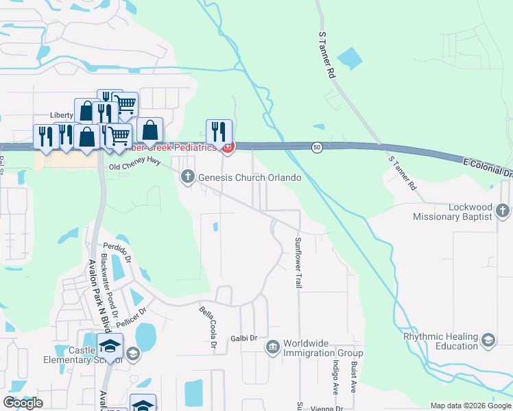 map of restaurants, bars, coffee shops, grocery stores, and more near 15290 Old Cheney Highway in Orlando