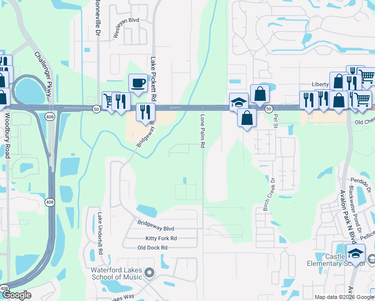 map of restaurants, bars, coffee shops, grocery stores, and more near 14037 Lonecreek Avenue in Orlando