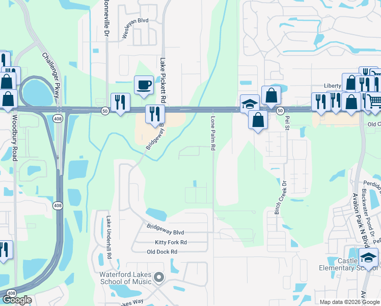 map of restaurants, bars, coffee shops, grocery stores, and more near 14037 Lonecreek Avenue in Orlando