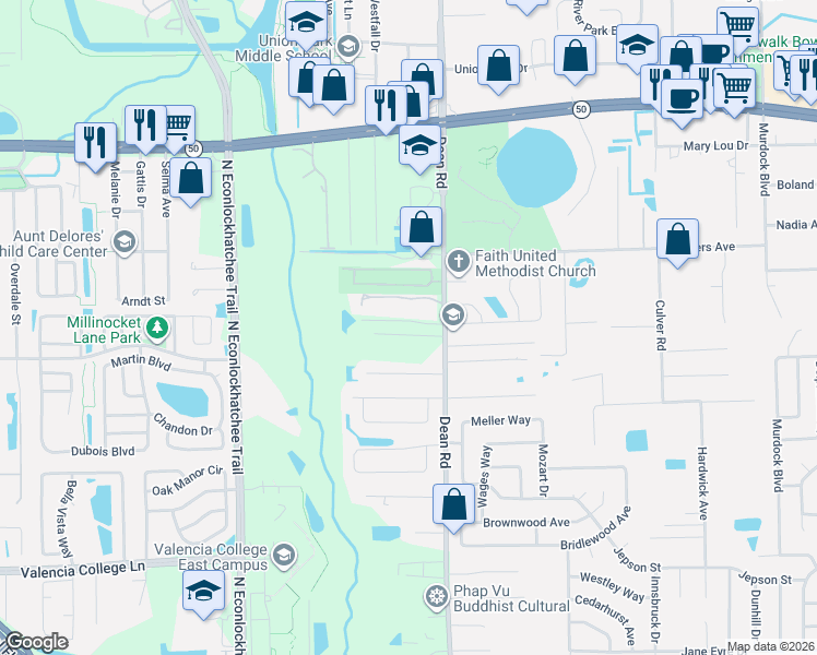 map of restaurants, bars, coffee shops, grocery stores, and more near 1156 North Dean Road in Orlando