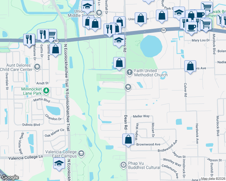 map of restaurants, bars, coffee shops, grocery stores, and more near 1156 North Dean Road in Orlando