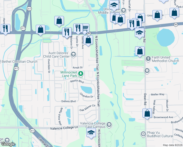 map of restaurants, bars, coffee shops, grocery stores, and more near 1260 Roma Court in Orlando