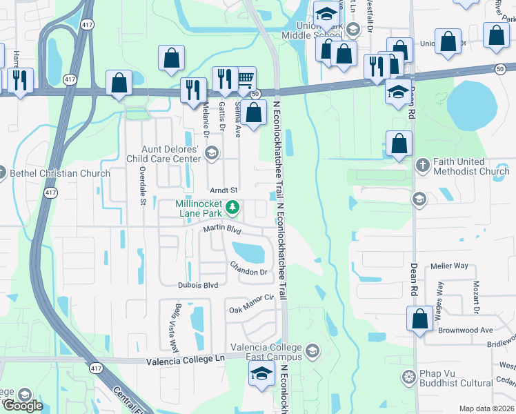 map of restaurants, bars, coffee shops, grocery stores, and more near 1228 Roma Court in Orlando