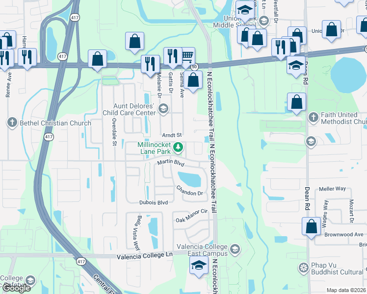 map of restaurants, bars, coffee shops, grocery stores, and more near 1228 Roma Court in Orlando