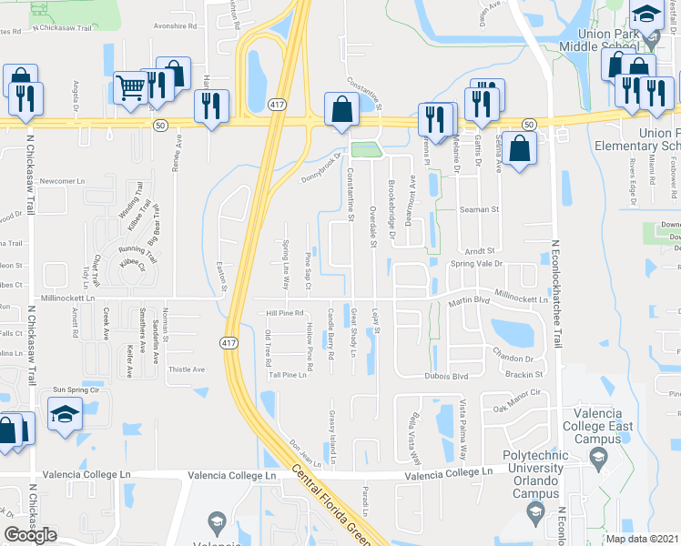 map of restaurants, bars, coffee shops, grocery stores, and more near 1109 Constantine Street in Orlando