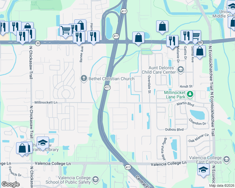 map of restaurants, bars, coffee shops, grocery stores, and more near 1109 Spring Lite Way in Orlando