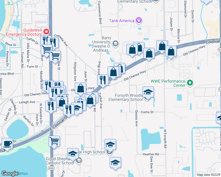 map of restaurants, bars, coffee shops, grocery stores, and more near 6396 Meadow Lane in Azalea Park