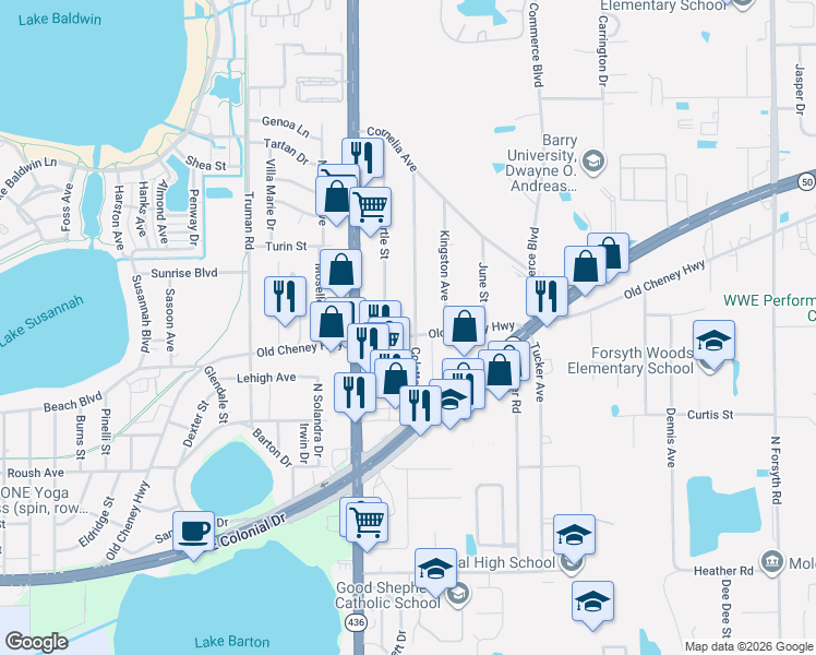 map of restaurants, bars, coffee shops, grocery stores, and more near 1120 Coletta Drive in Orlando
