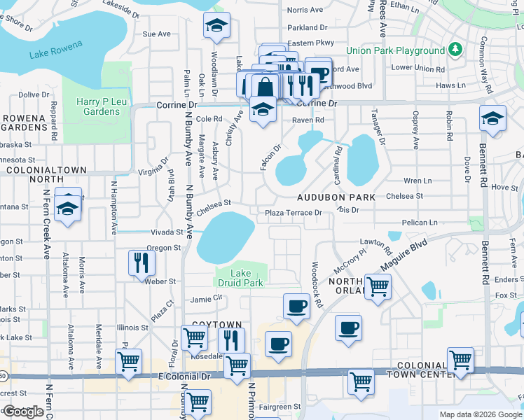 map of restaurants, bars, coffee shops, grocery stores, and more near 2828 Plaza Terrace Drive in Orlando