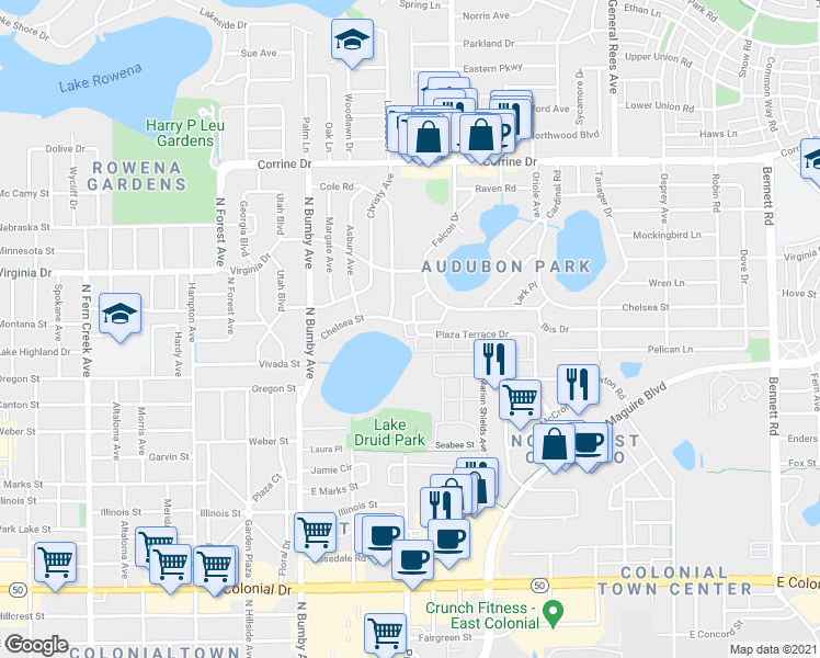 map of restaurants, bars, coffee shops, grocery stores, and more near 2828 Plaza Terrace Drive in Orlando