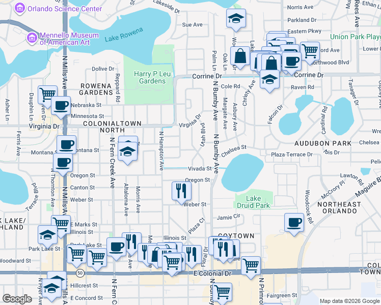map of restaurants, bars, coffee shops, grocery stores, and more near 1126 Georgia Boulevard in Orlando