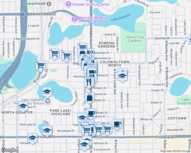 map of restaurants, bars, coffee shops, grocery stores, and more near 1201 Portland Avenue in Orlando