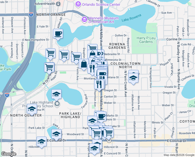 map of restaurants, bars, coffee shops, grocery stores, and more near 1204 North Mills Avenue in Orlando