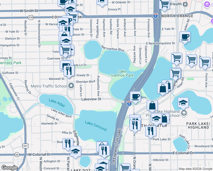 map of restaurants, bars, coffee shops, grocery stores, and more near 315 Desoto Circle in Orlando