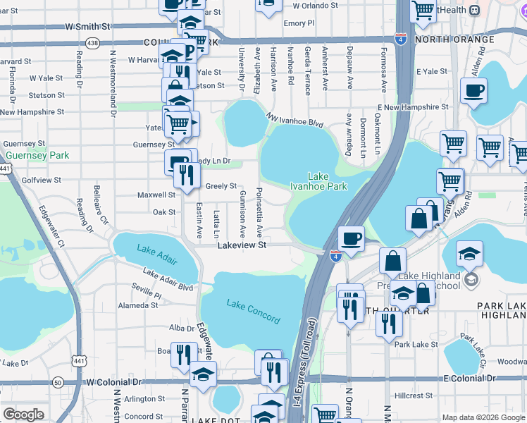 map of restaurants, bars, coffee shops, grocery stores, and more near 315 Desoto Circle in Orlando