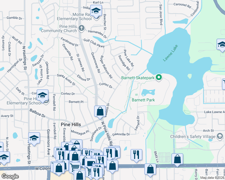 map of restaurants, bars, coffee shops, grocery stores, and more near 4804 Balboa Drive in Orlando