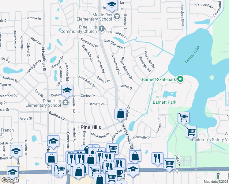 map of restaurants, bars, coffee shops, grocery stores, and more near in Pine Hills