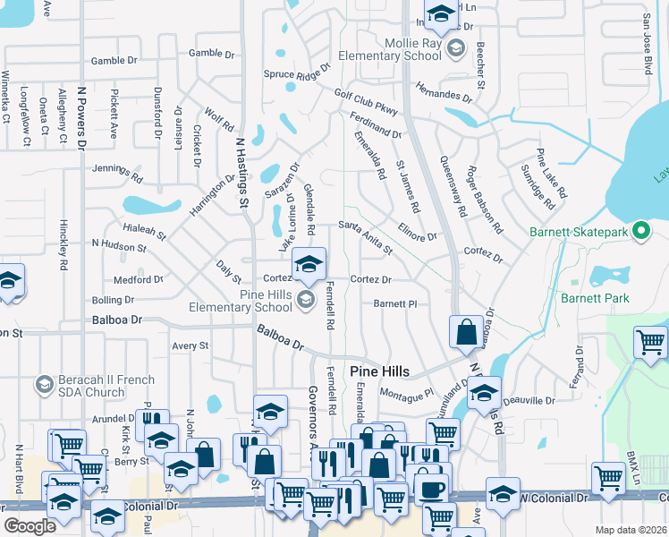 map of restaurants, bars, coffee shops, grocery stores, and more near 1104 Ferndell Road in Orlando